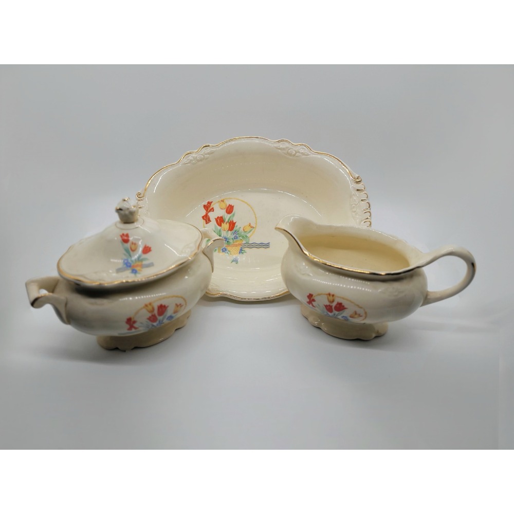 Homer Laughlin Virginia Rose Cream Sugar Set, Oval Bowl Vintage Tulip Gold Rim